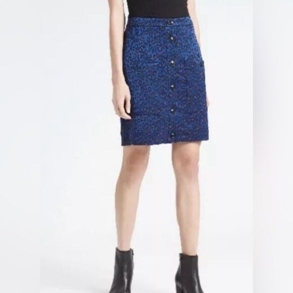 BANANA REPUBLIC Leopard Print Skirt Button Front Blue 2 - Picture 1 of 7